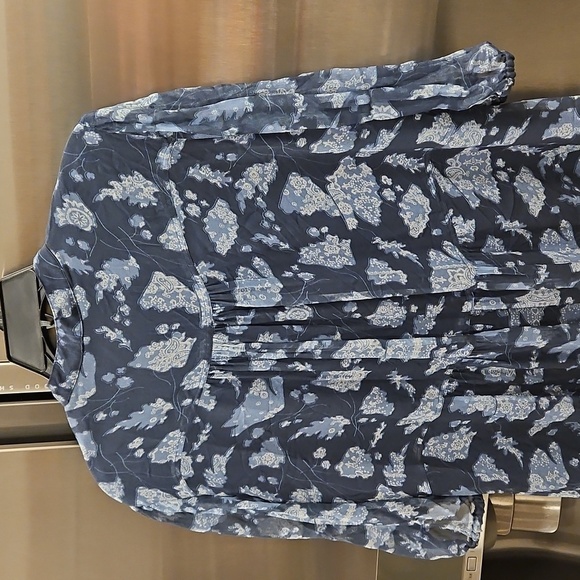 đź’•RAQUEL ALLEGRAđź’• Peasant Tiered Dress ~100% Silk Navy Blue Print Medium - Picture 14 of 16